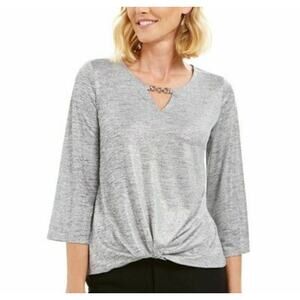 JM Collection Womens Blouse Gray Heathered Long Sleeve Keyhole Neck Chain XL EUC